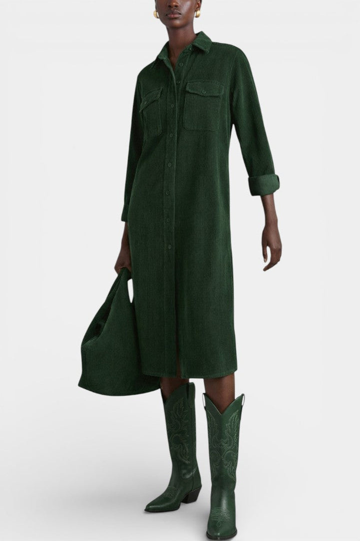 Zarza Robe Midi en Velours Côtelé avec Poches et Boutonnage Classique