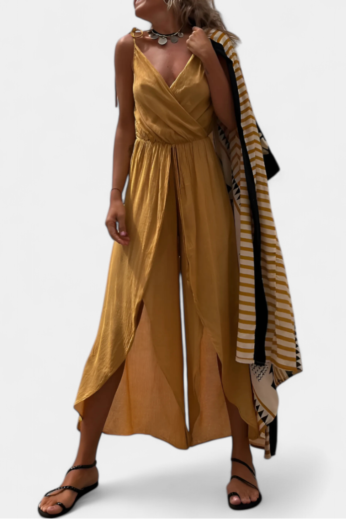 Donatila Combinaison en Coton Lavé à Décolleté Croisé et Jambes Ouvertes