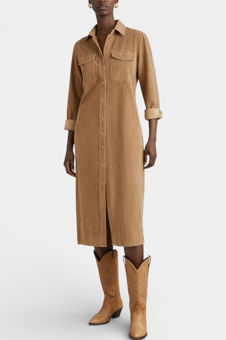 Zarza Robe Midi en Velours Côtelé avec Poches et Boutonnage Classique