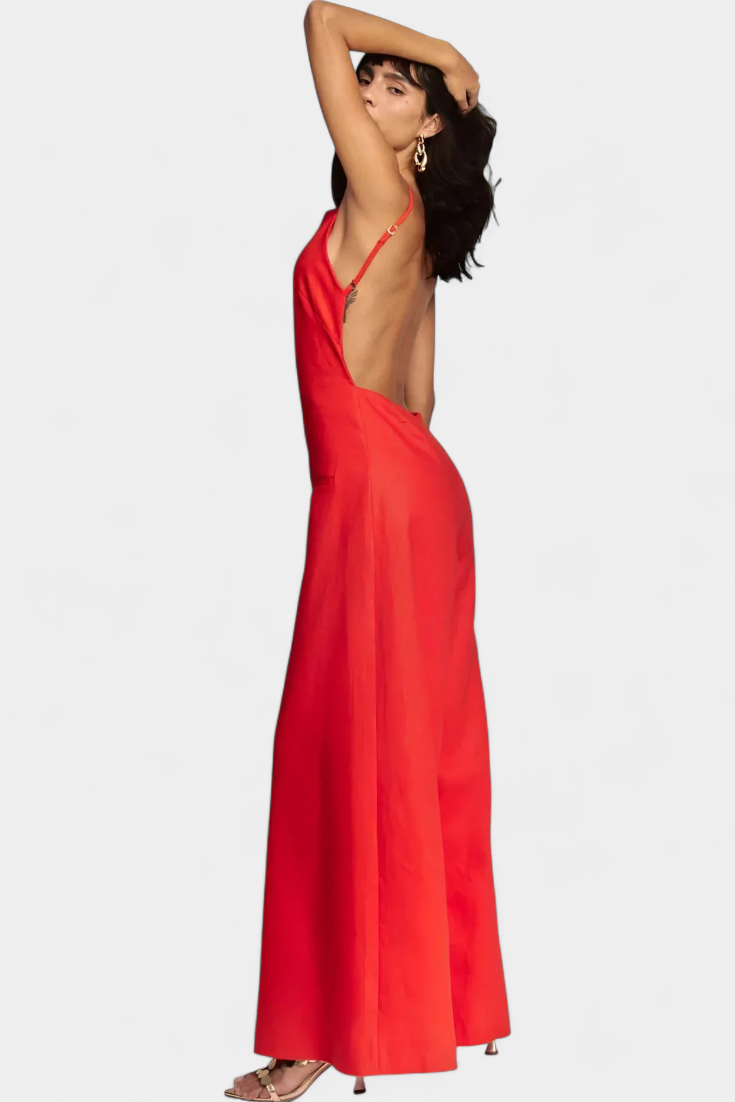 Belén Combinaison Halter en Ramie à Jambes Larges et Décolleté Droit