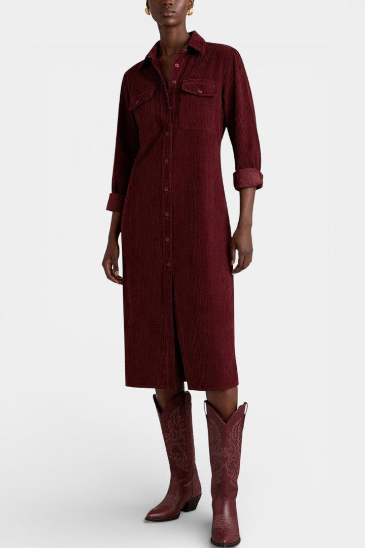 Zarza Robe Midi en Velours Côtelé avec Poches et Boutonnage Classique