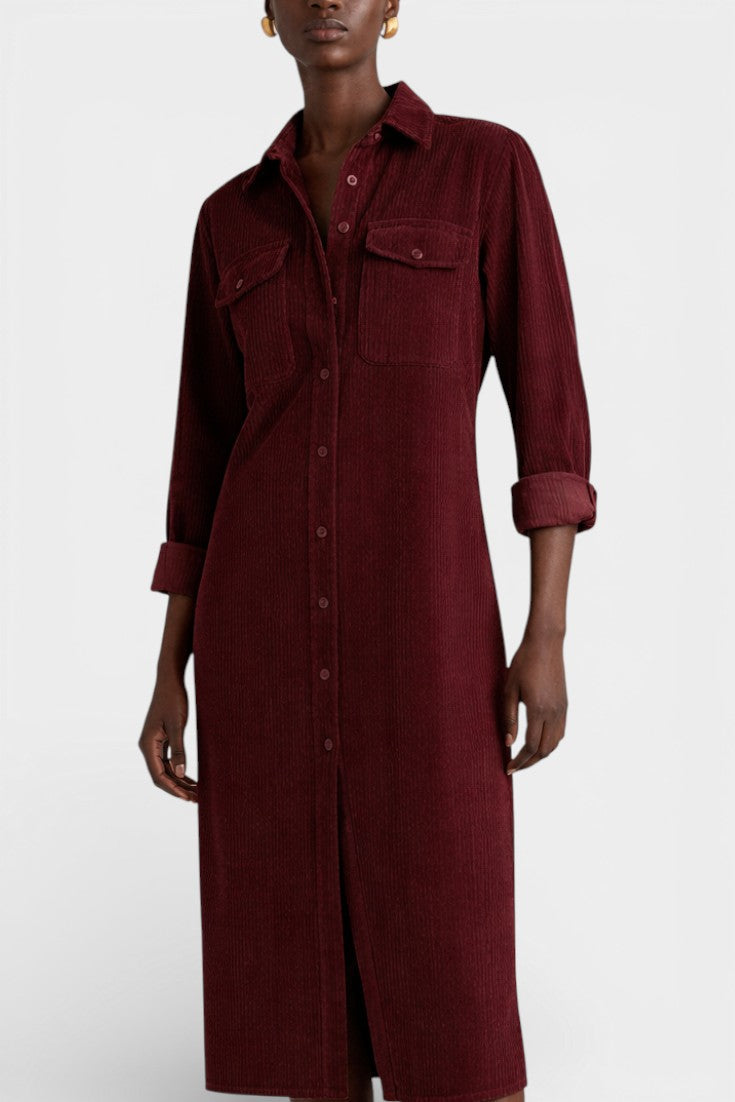 Zarza Robe Midi en Velours Côtelé avec Poches et Boutonnage Classique