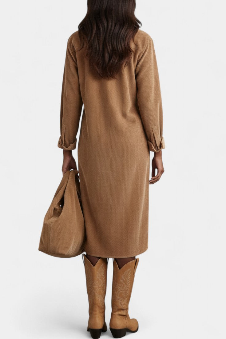 Zarza Robe Midi en Velours Côtelé avec Poches et Boutonnage Classique