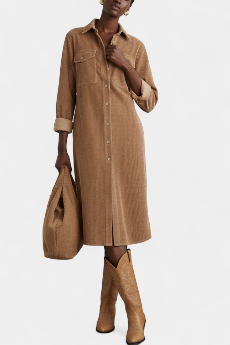 Zarza Robe Midi en Velours Côtelé avec Poches et Boutonnage Classique