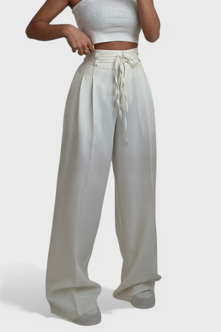 Sophie Pantalon Taille Haute à Jambes Larges avec Détail de Cordons