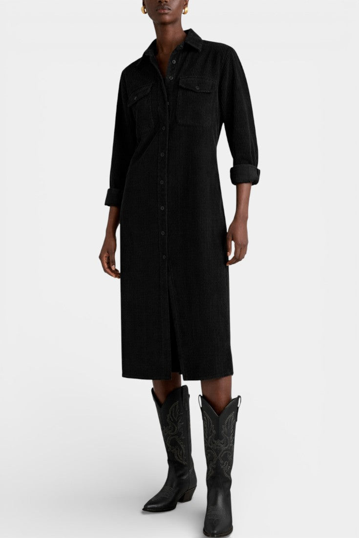 Zarza Robe Midi en Velours Côtelé avec Poches et Boutonnage Classique