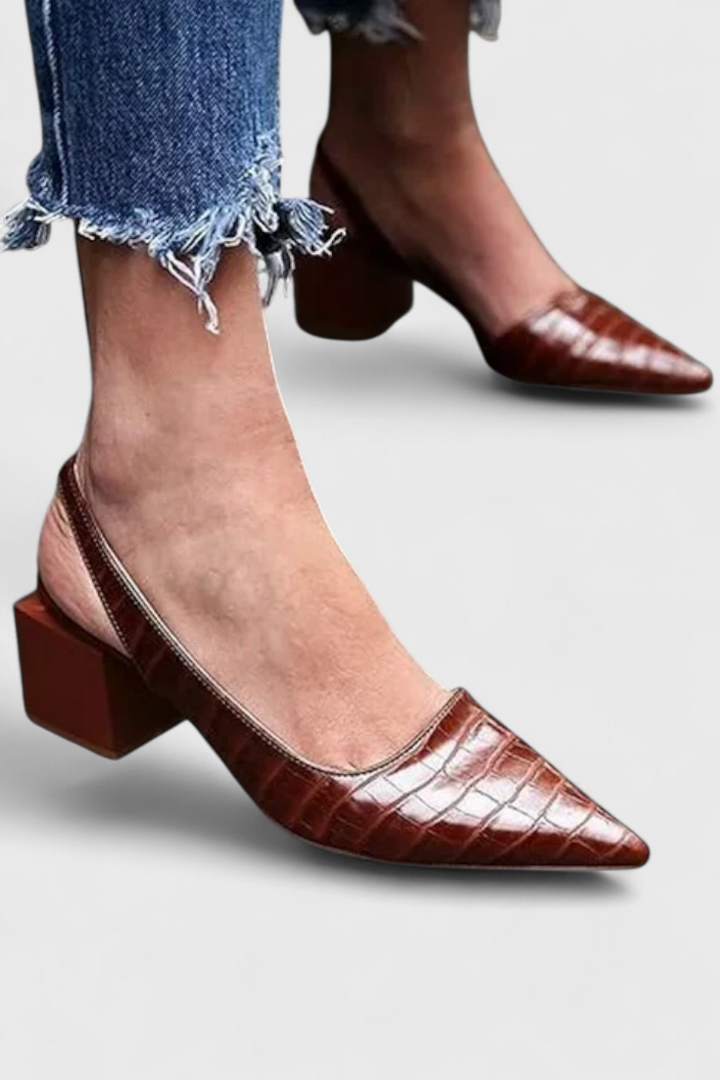 Ava Escarpins à Bout Fin et Talon Carré Effet Crocodile
