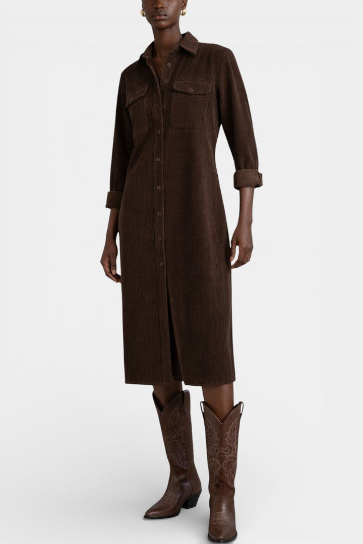 Zarza Robe Midi en Velours Côtelé avec Poches et Boutonnage Classique