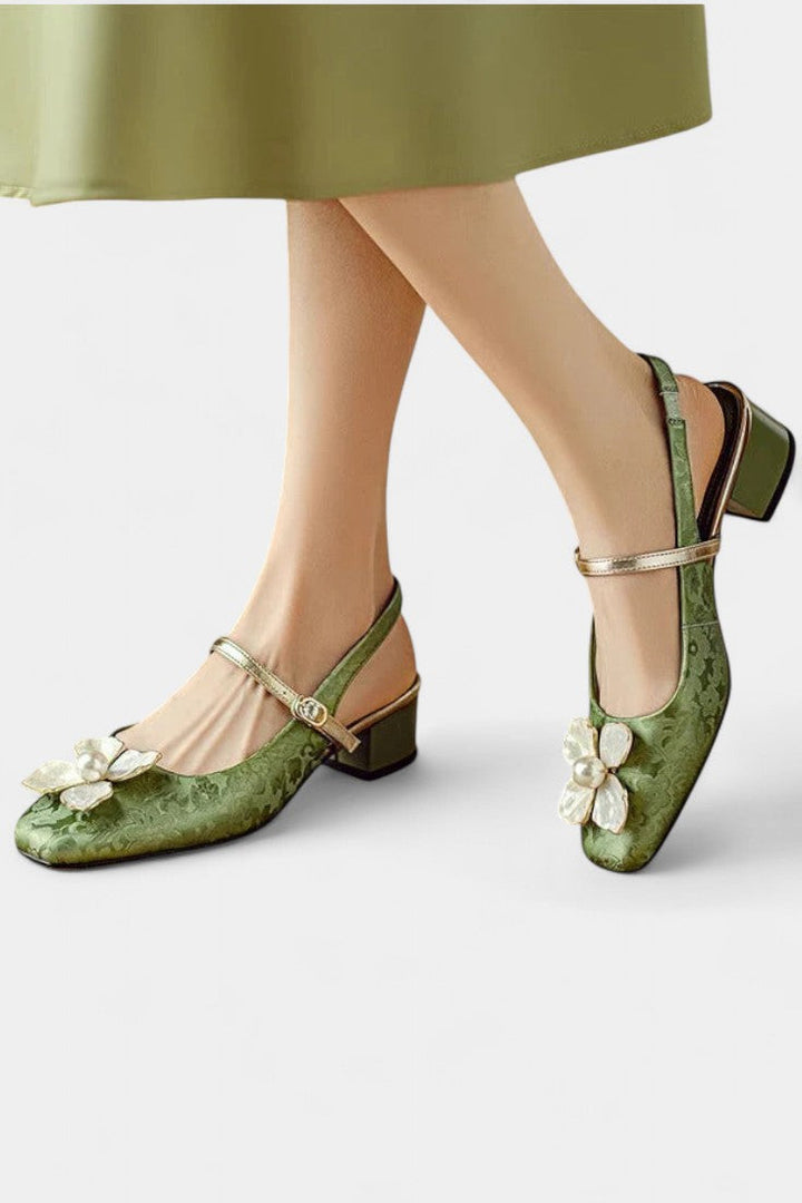 Eloise Mary Janes en Jacquard Texturé à Décor Floral et Talon Bloc Moyen