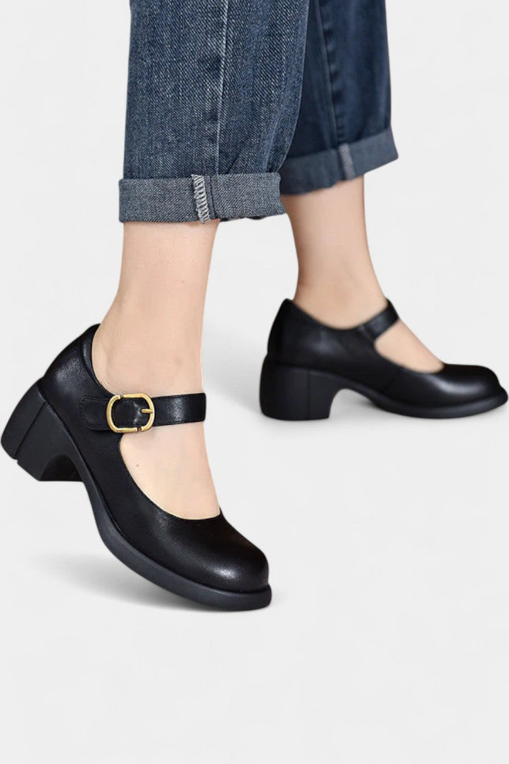 Agnes Mary Janes à Pointe Ronde et Talon Carré Classique