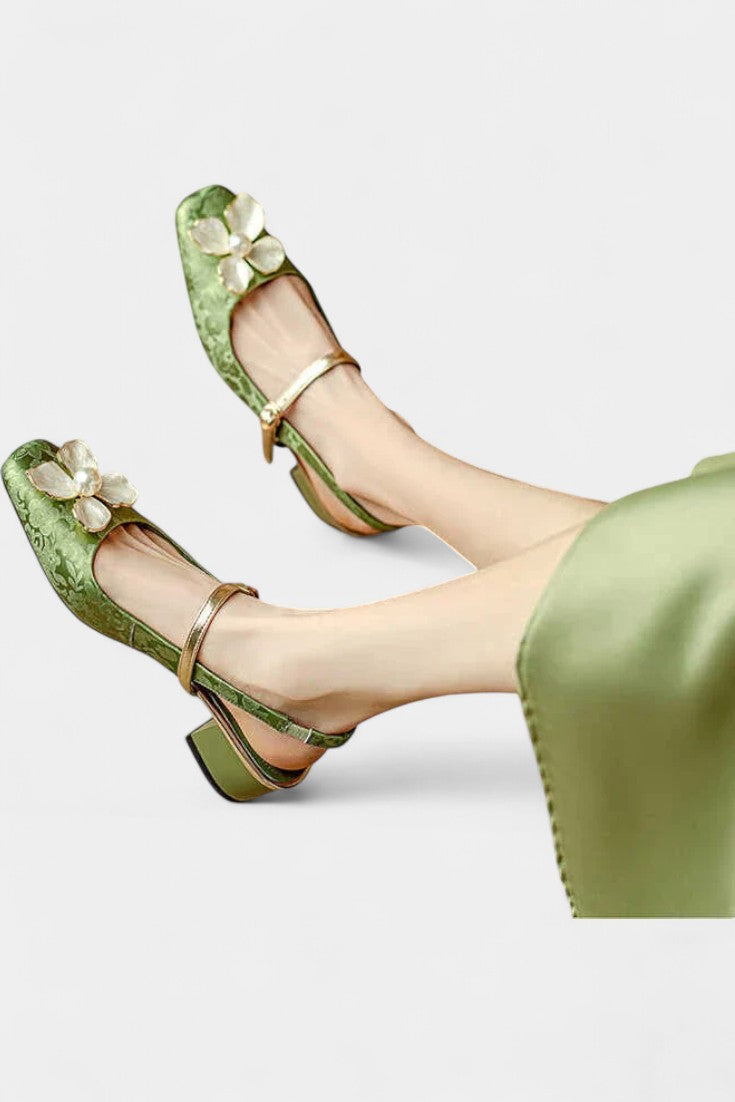 Eloise Mary Janes en Jacquard Texturé à Décor Floral et Talon Bloc Moyen