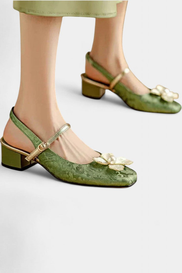 Eloise Mary Janes en Jacquard Texturé à Décor Floral et Talon Bloc Moyen