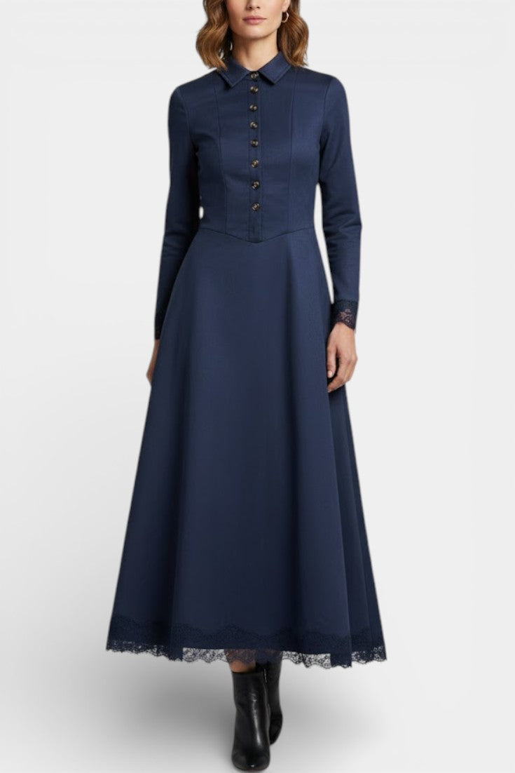 Maravilla Robe Longue en Suédine avec Col Chemise et Dentelle