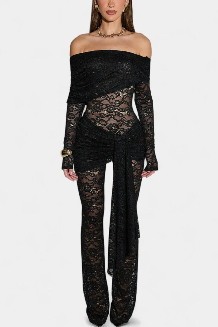 Maristella Combinaison Bardot à Dentelle Transparente et Jupe Mini Froncée