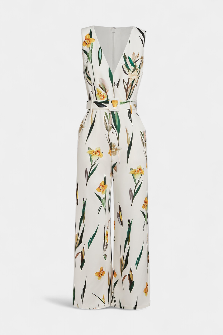 Slara Combinaison Blanche à Décolleté en V et Taille Ceinturée