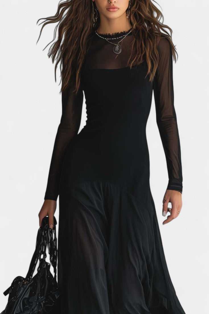 Albéria Robe Longue Ample en Tulle Noir Patchwork