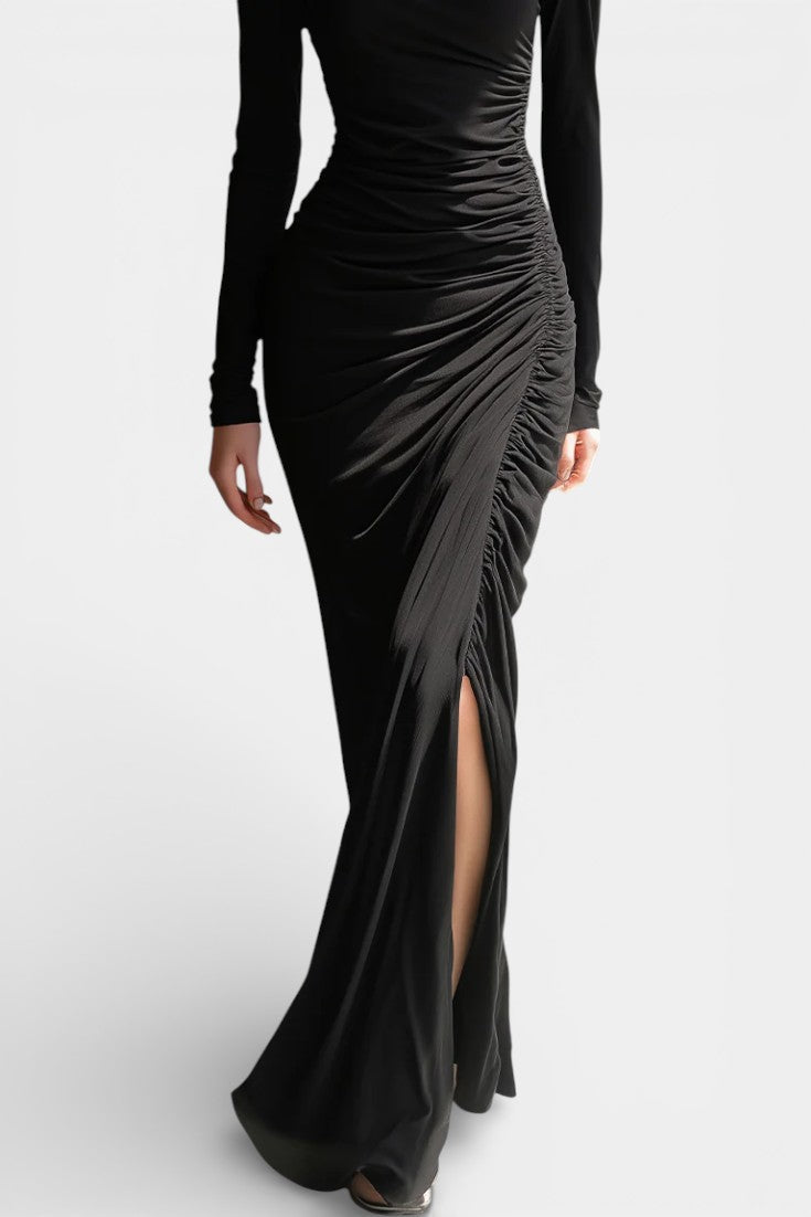 Adalsinde Robe Longue Élégante Noire en Jersey Épaules Dénudées