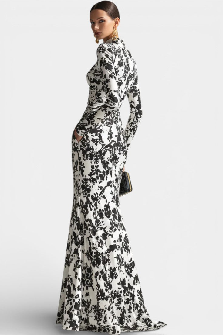 Amada Robe Portefeuille Florale Noir et Blanc à Col Montant