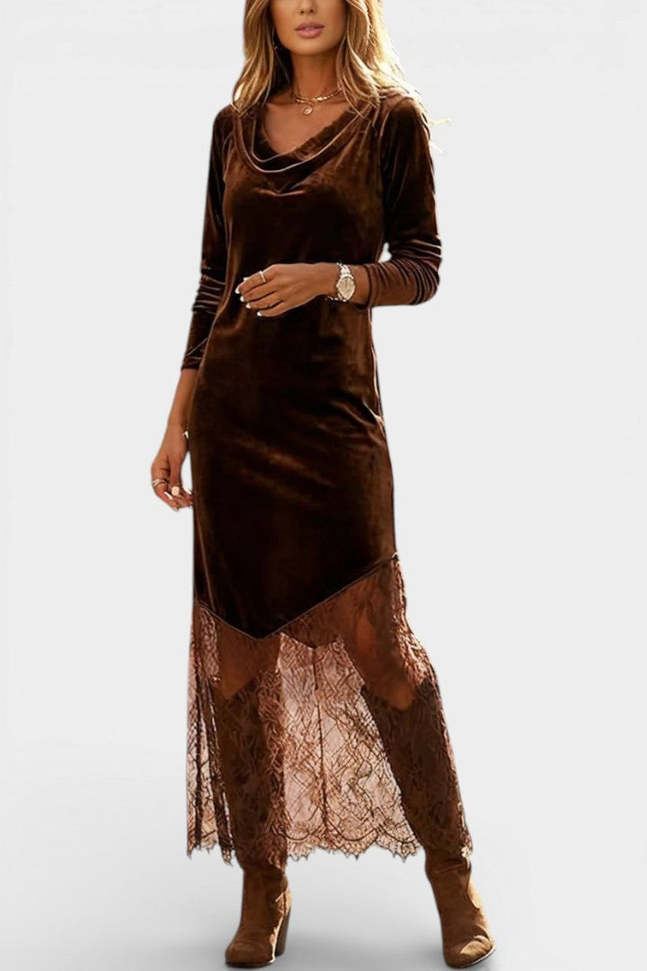 Vainilla Robe Longue en Velours et Dentelle à Col Bénitier