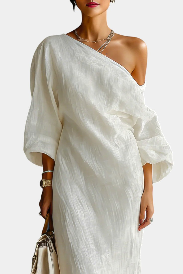 Lounaïs Robe Longue Fluide à Une Épaule en Mélange Coton-Lin Ivoire