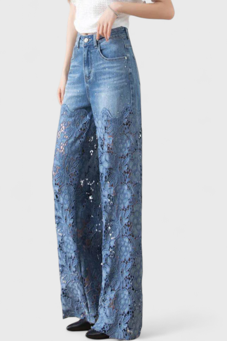 Jasiel Pantalon Palazzo en Denim à Dentelle Ajourée