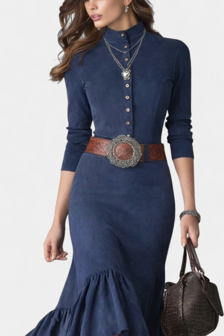 Louna Robe Maxi à Col Montant Bleu Marine à Boutons et Ourlet Asymétrique