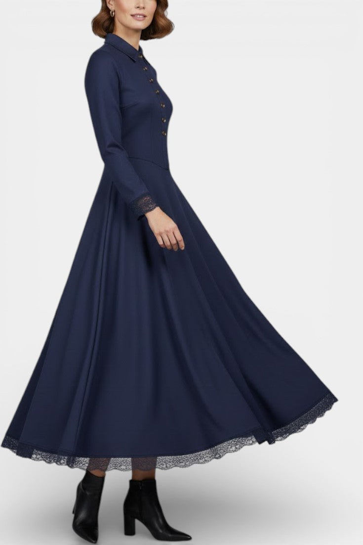 Maravilla Robe Longue en Suédine avec Col Chemise et Dentelle