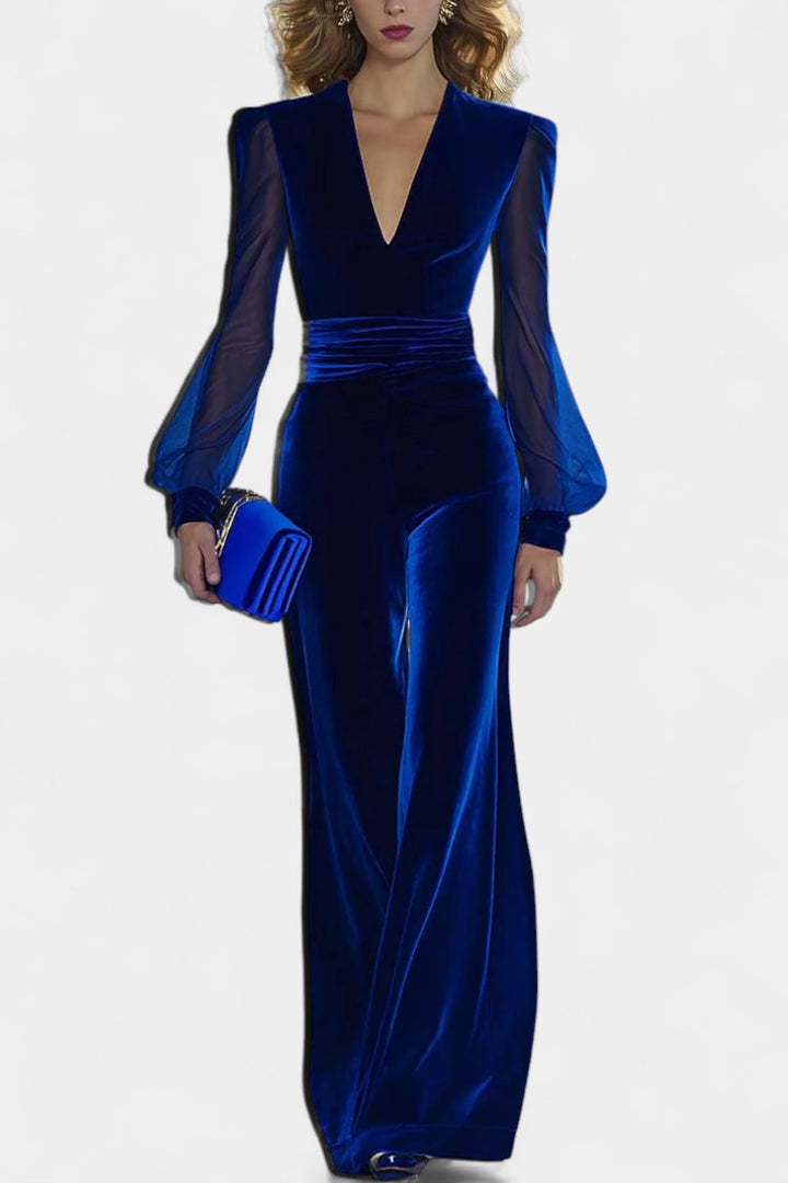 Clarène Combinaison en Velour à Manches Longues en Maille et Décolleté en V