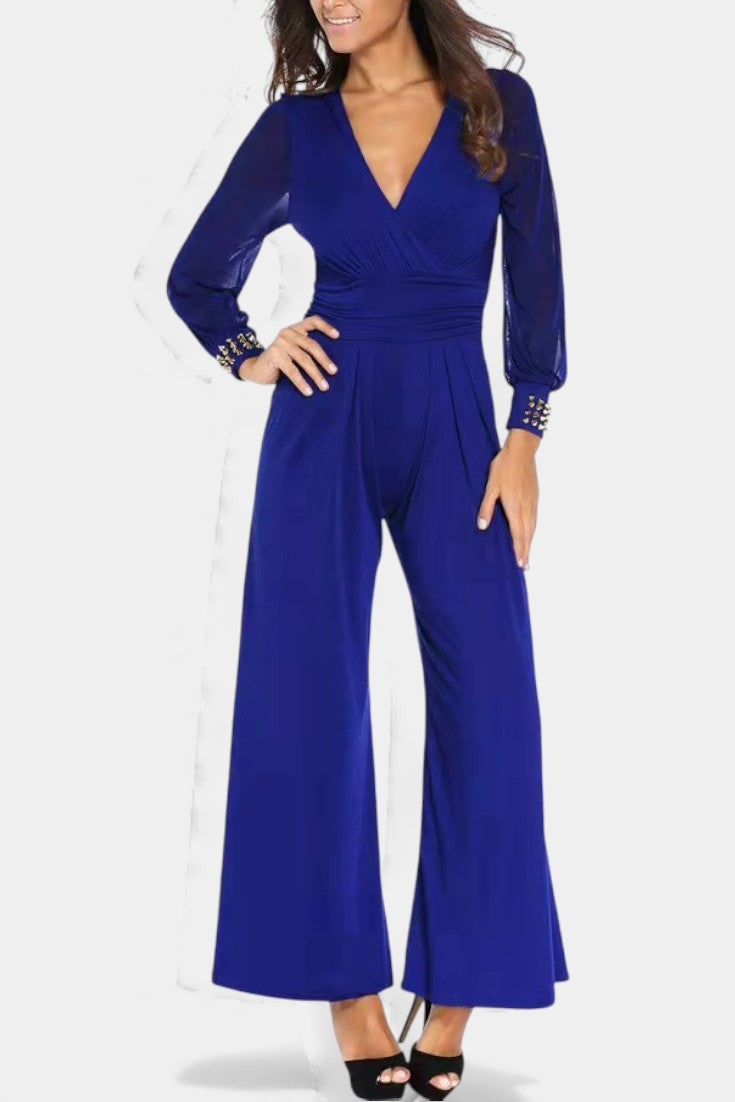 Élancia Combinaison Fluide Noir Élegante à Manches Transparentes