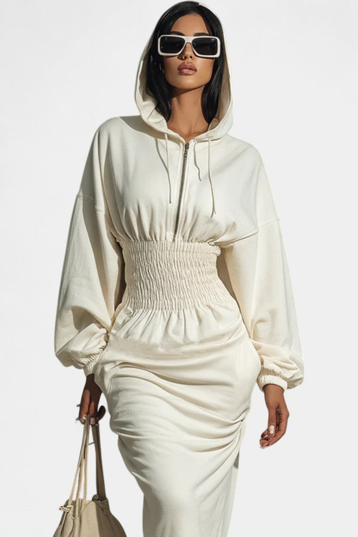 Vela Robe Maxi Sweat à Capuche Froncée à la Taille