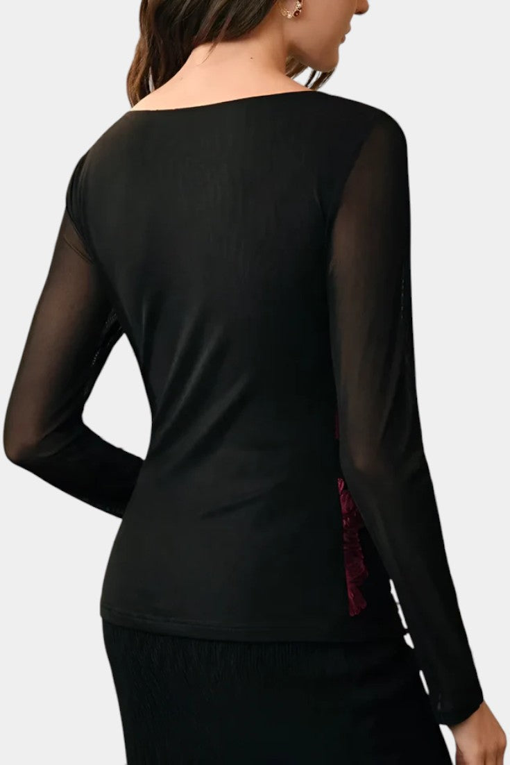 Ninon Blouse Texturée Fleurie à Encolure Bateau et Manches Longues