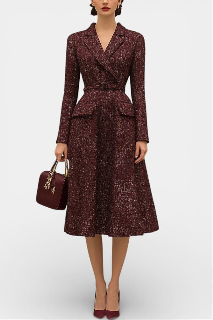Ondine Robe Vintage en Tweed Rouge à Revers Élégants
