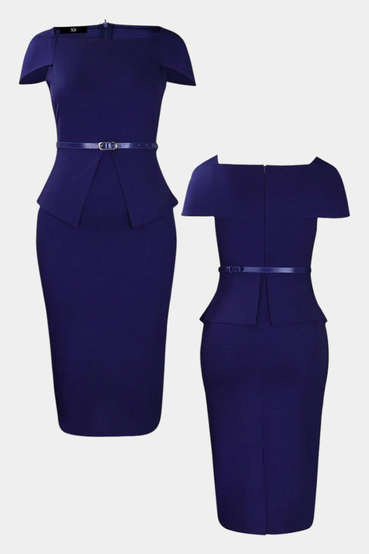 Sabela Robe Midi Fourreau à Encolure Carrée et Manches Courtes Ceinturée