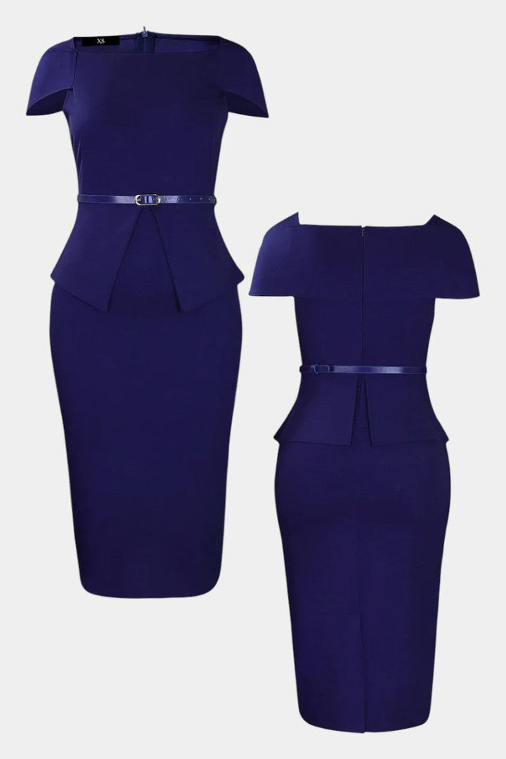 Sabela Robe Midi Fourreau à Encolure Carrée et Manches Courtes Ceinturée