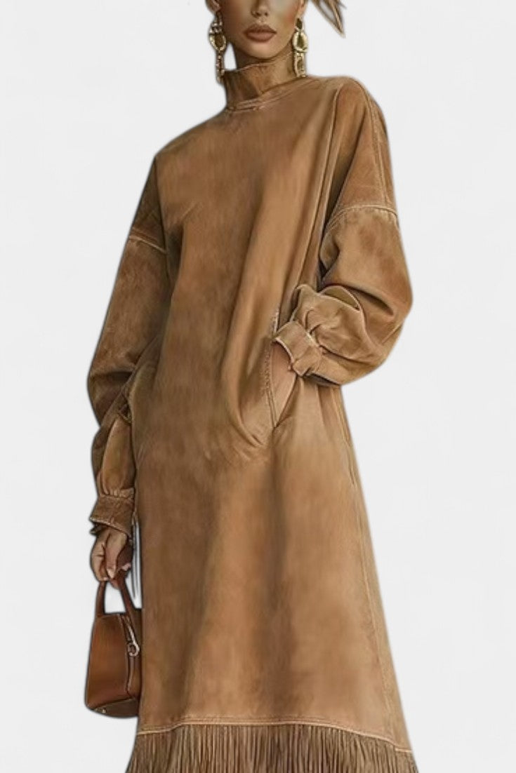 Monique Robe Midi Effet Suédé à Franges Élégantes