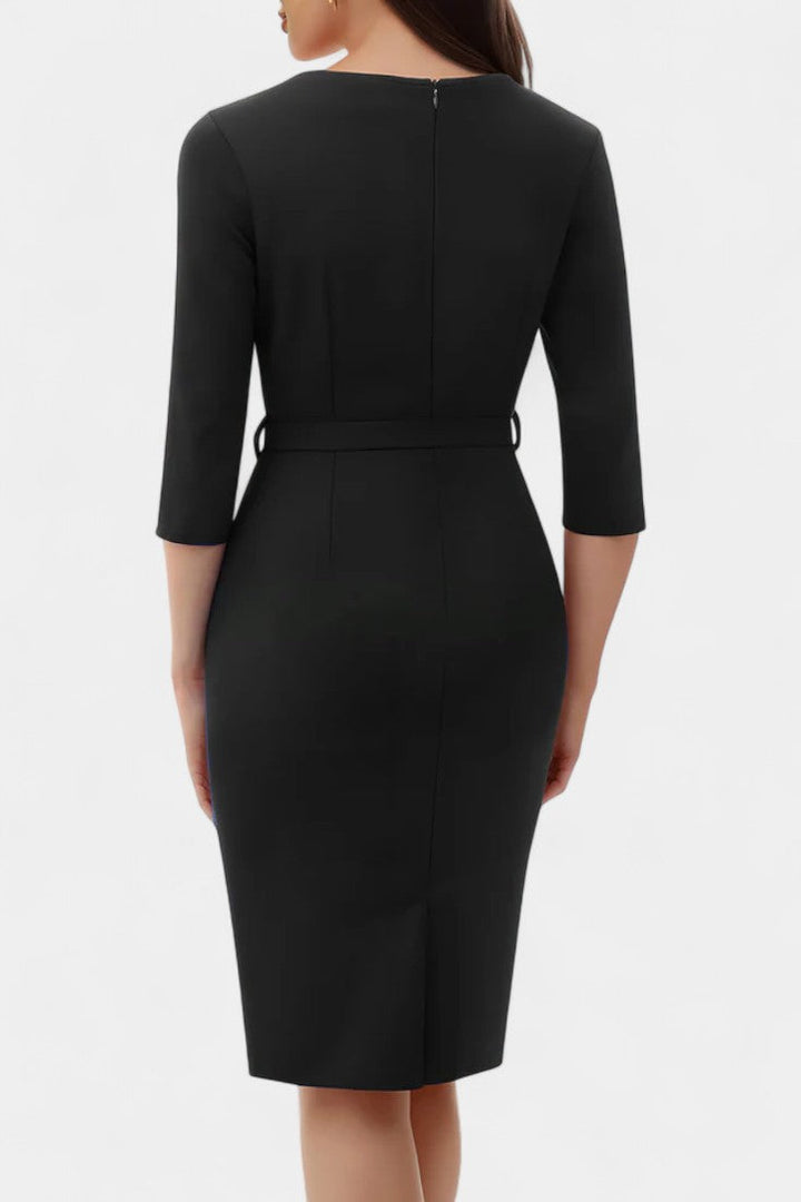 Hada Robe Midi Fourreau à Col Cranté, Ceinturée et Manches Trois-Quarts