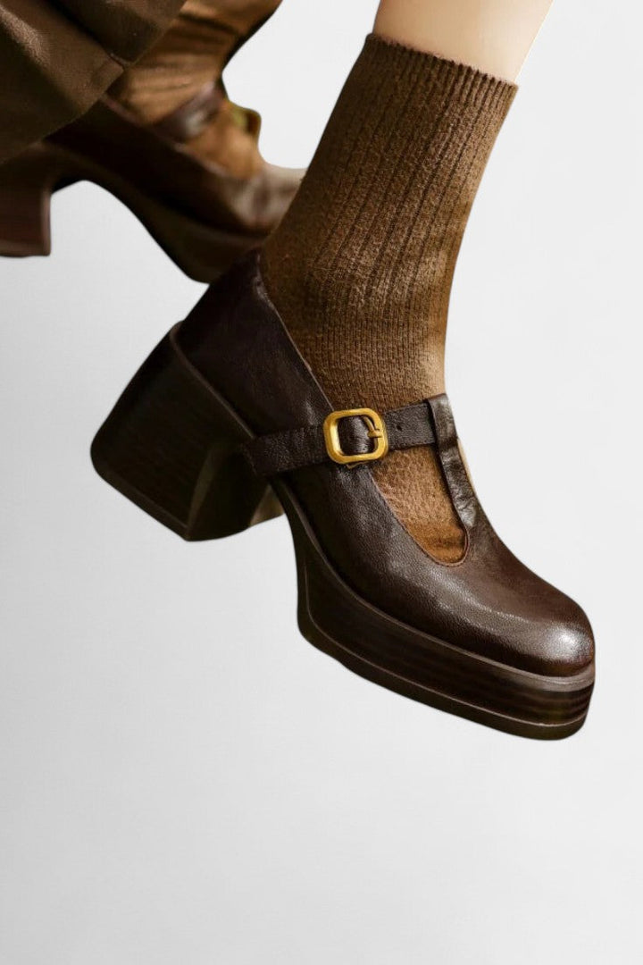 Ciala Mary Janes à Plateforme en Cuir Fait Main et Talon Carré