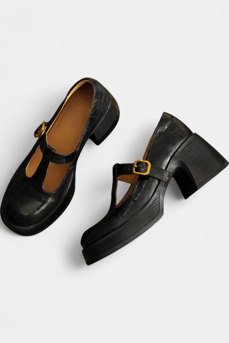 Ciala Mary Janes à Plateforme en Cuir Fait Main et Talon Carré