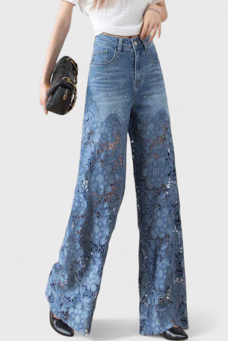 Jasiel Pantalon Palazzo en Denim à Dentelle Ajourée