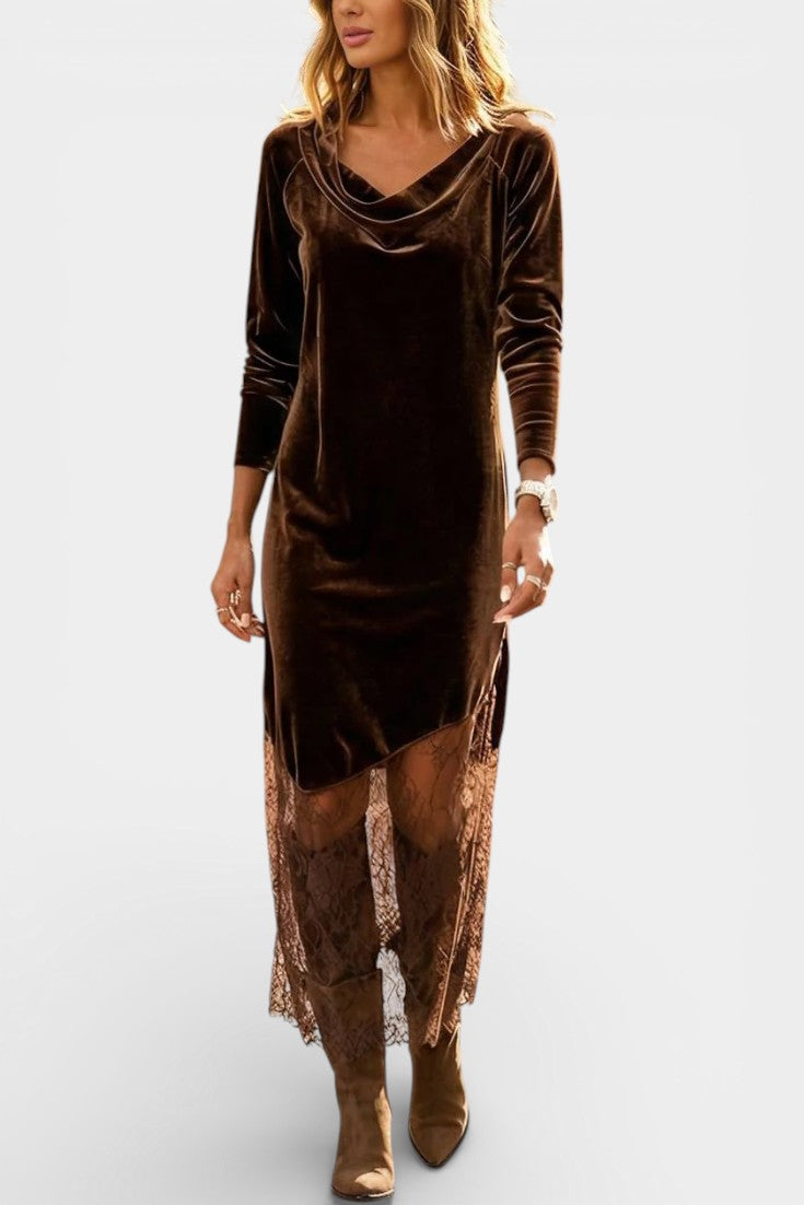 Vainilla Robe Longue en Velours et Dentelle à Col Bénitier