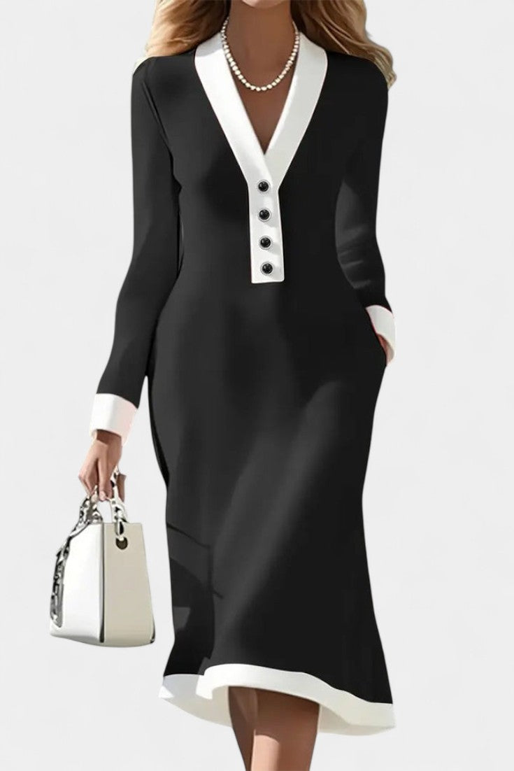 Cédria Robe Longue à Col V et Manches Longues