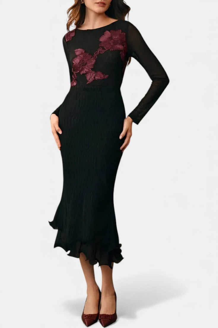 Ninon Blouse Texturée Fleurie à Encolure Bateau et Manches Longues