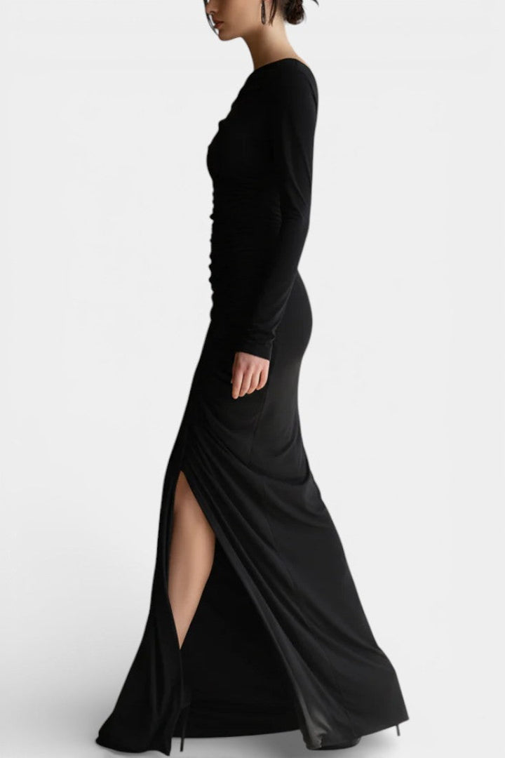 Adalsinde Robe Longue Élégante Noire en Jersey Épaules Dénudées