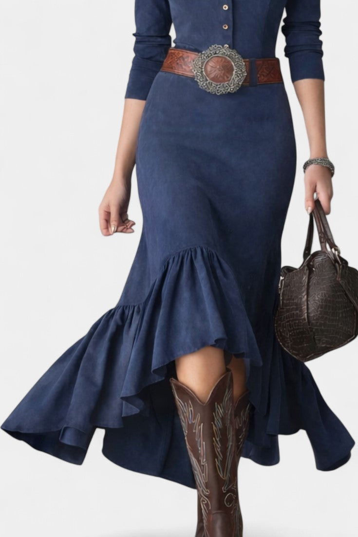 Louna Robe Maxi à Col Montant Bleu Marine à Boutons et Ourlet Asymétrique