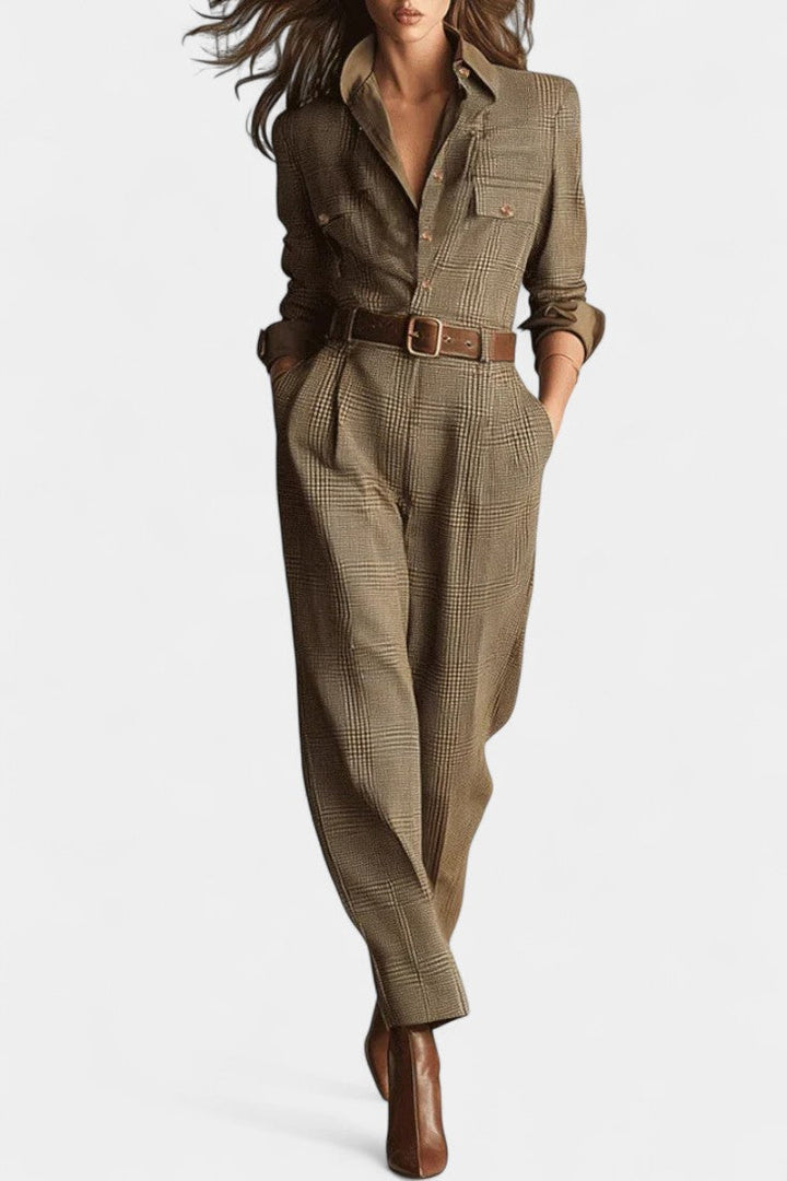 Cali Combinaison en Tweed à Carreaux Marron et Taille Ceinturée