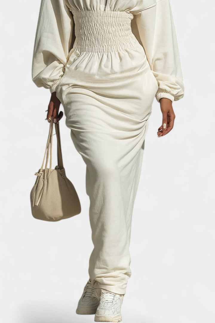 Vela Robe Maxi Sweat à Capuche Froncée à la Taille