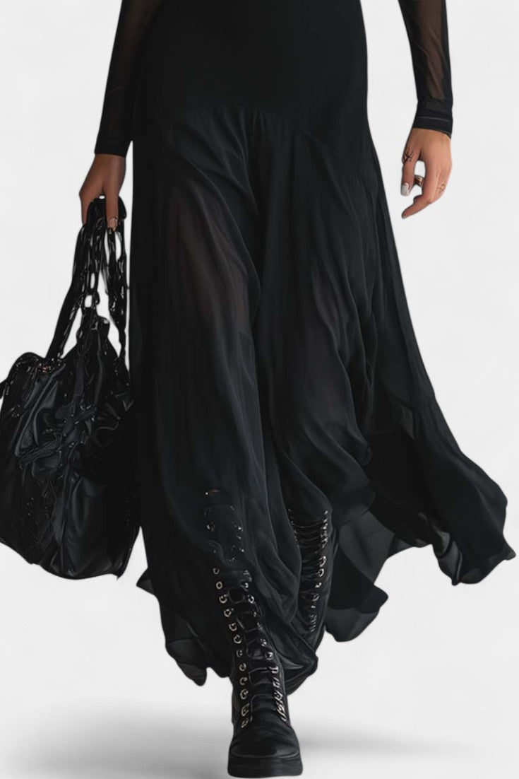 Albéria Robe Longue Ample en Tulle Noir Patchwork