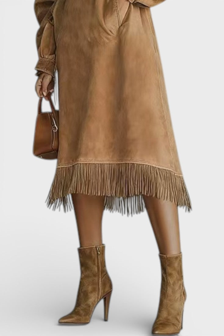 Monique Robe Midi Effet Suédé à Franges Élégantes