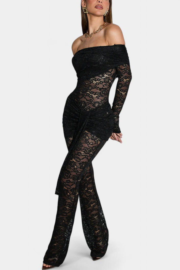 Maristella Combinaison Bardot à Dentelle Transparente et Jupe Mini Froncée