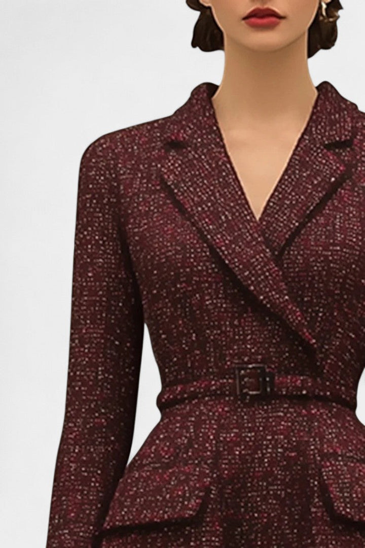 Ondine Robe Vintage en Tweed Rouge à Revers Élégants